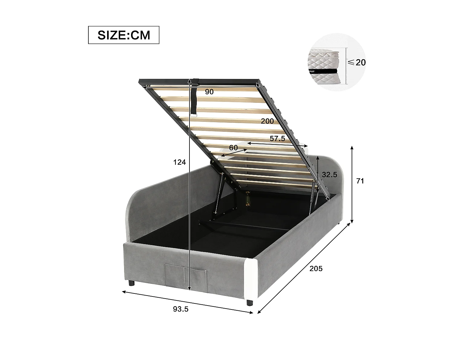 Lit coffre pour enfants 90x200cm - avec sac de rangement - clôture de gauche - avec sommier à lattes - velours + contreplaqué - Gris