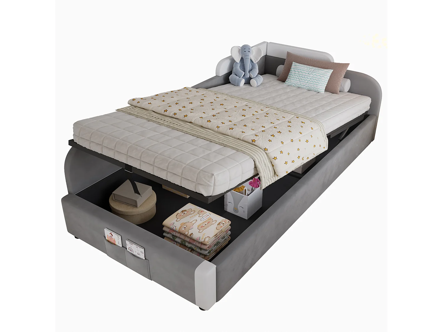 Lit coffre pour enfants 90x200cm - avec sac de rangement - clôture de gauche - avec sommier à lattes - velours + contreplaqué - Gris