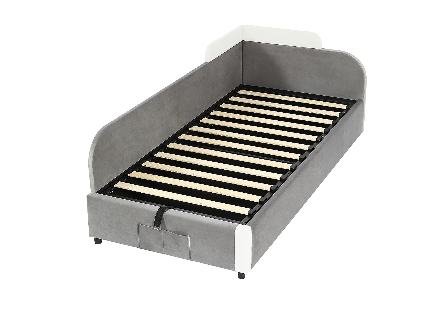 Lit coffre pour enfants 90x200cm - avec sac de rangement - clôture de gauche - avec sommier à lattes - velours + contreplaqué - Gris
