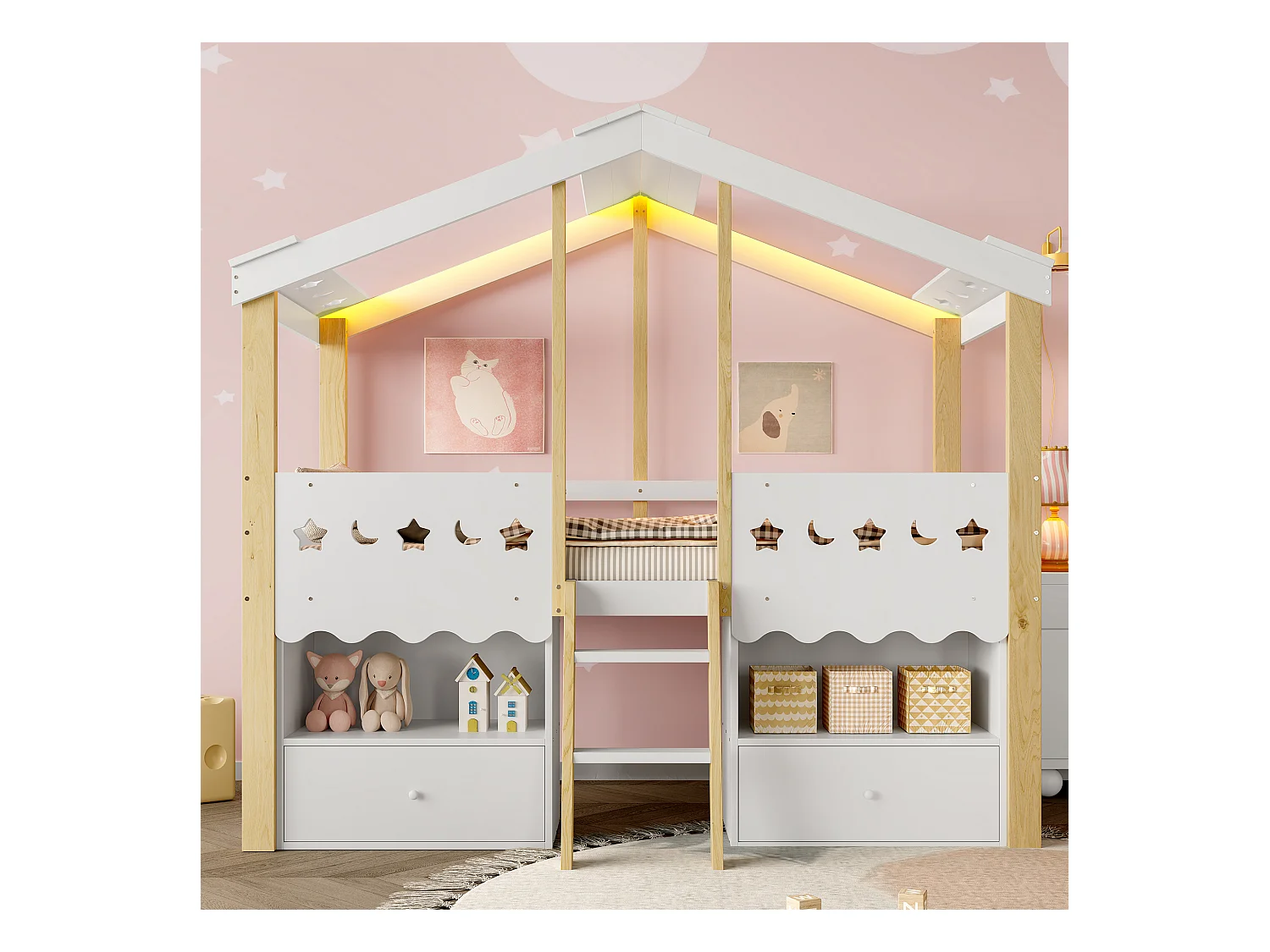 Lit cabane enfant 90x200 cm - forme maison - avec 2 tiroirs - avec bande lumineuse LED - blanc + naturel (matelas non inclus)