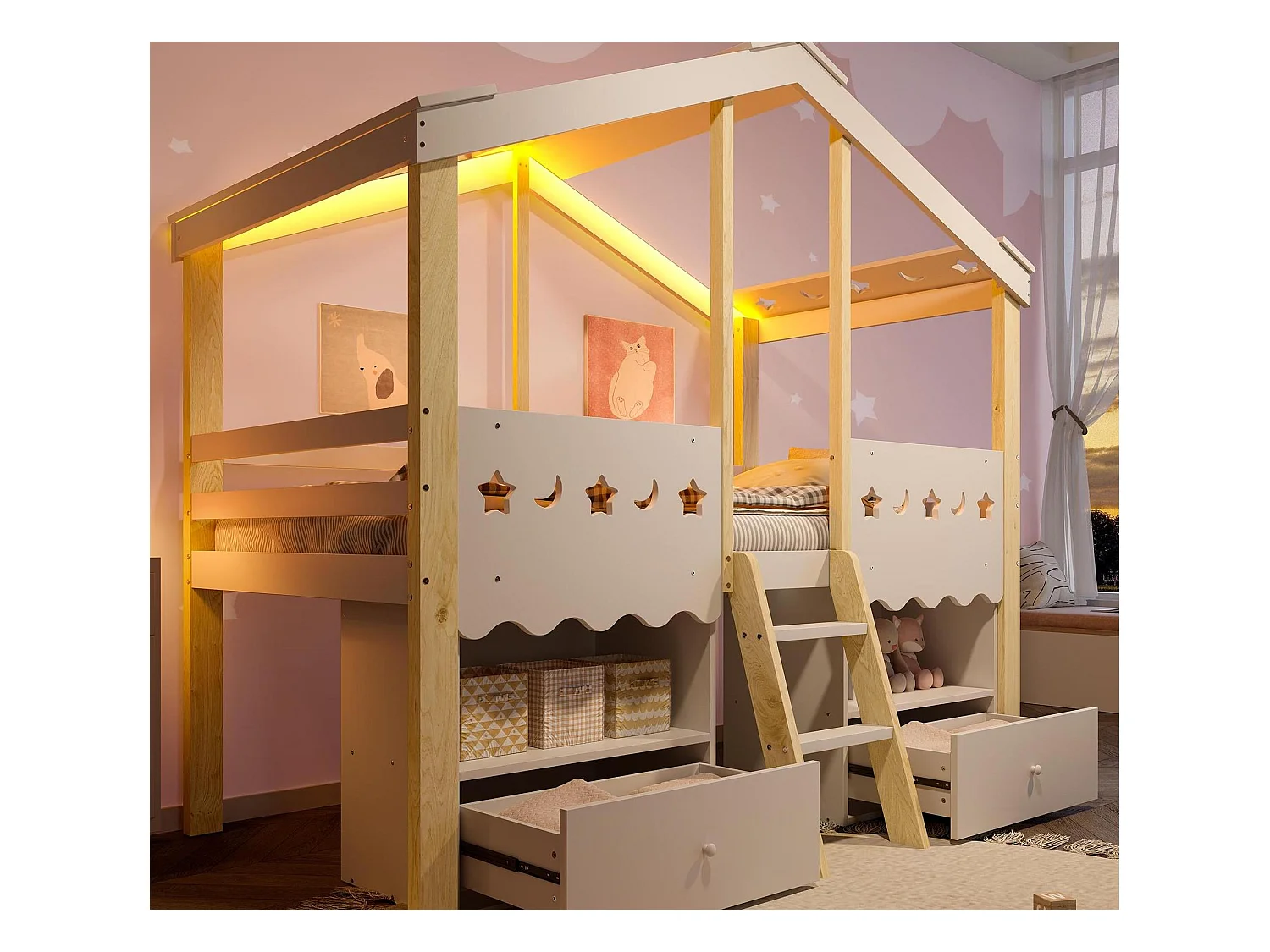 Lit cabane enfant 90x200 cm - forme maison - avec 2 tiroirs - avec bande lumineuse LED - blanc + naturel (matelas non inclus)