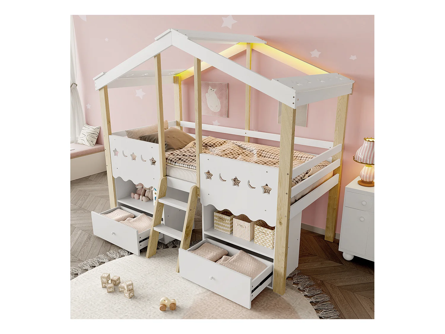 Lit cabane enfant 90x200 cm - forme maison - avec 2 tiroirs - avec bande lumineuse LED - blanc + naturel (matelas non inclus)