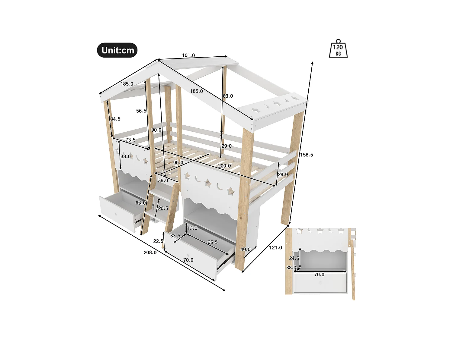 Lit cabane enfant 90x200 cm - forme maison - avec 2 tiroirs - avec bande lumineuse LED - blanc + naturel (matelas non inclus)