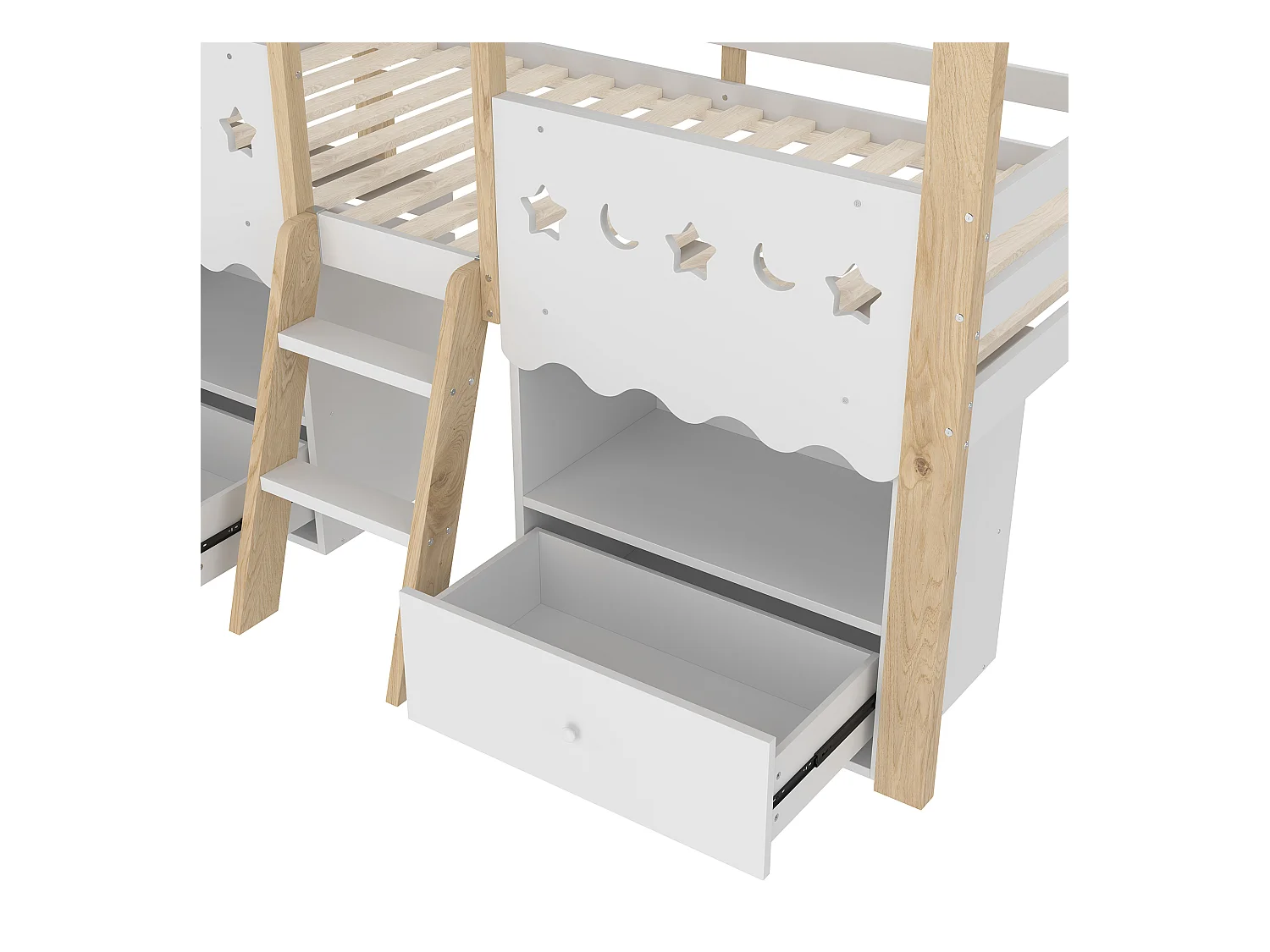 Lit cabane enfant 90x200 cm - forme maison - avec 2 tiroirs - avec bande lumineuse LED - blanc + naturel (matelas non inclus)