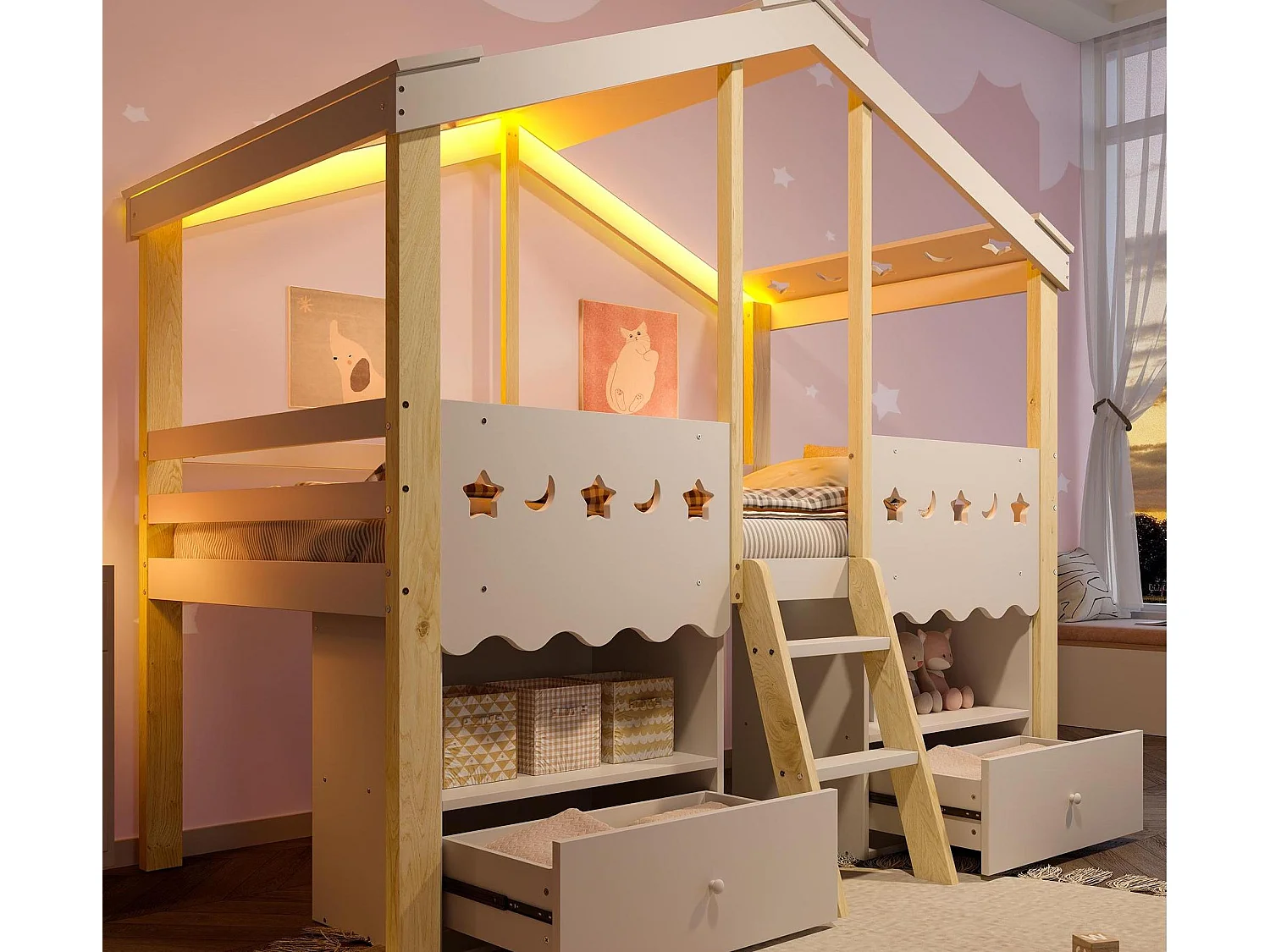 Lit cabane enfant 90x200 cm - forme maison - avec 2 tiroirs - avec bande lumineuse LED - blanc + naturel (matelas non inclus)