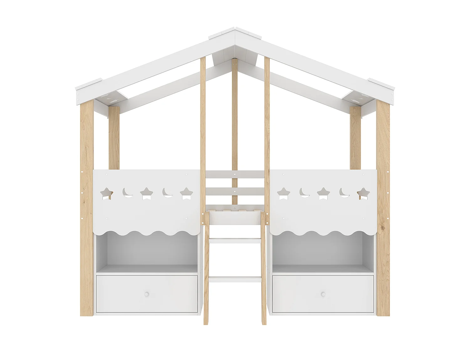 Lit cabane enfant 90x200 cm - forme maison - avec 2 tiroirs - avec bande lumineuse LED - blanc + naturel (matelas non inclus)