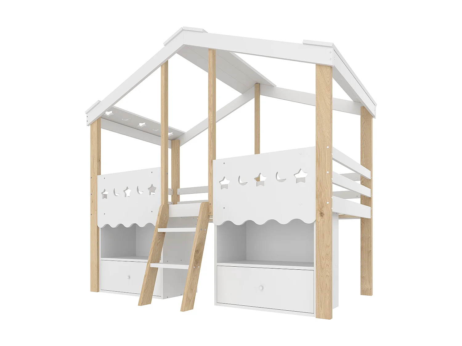 Lit cabane enfant 90x200 cm - forme maison - avec 2 tiroirs - avec bande lumineuse LED - blanc + naturel (matelas non inclus)