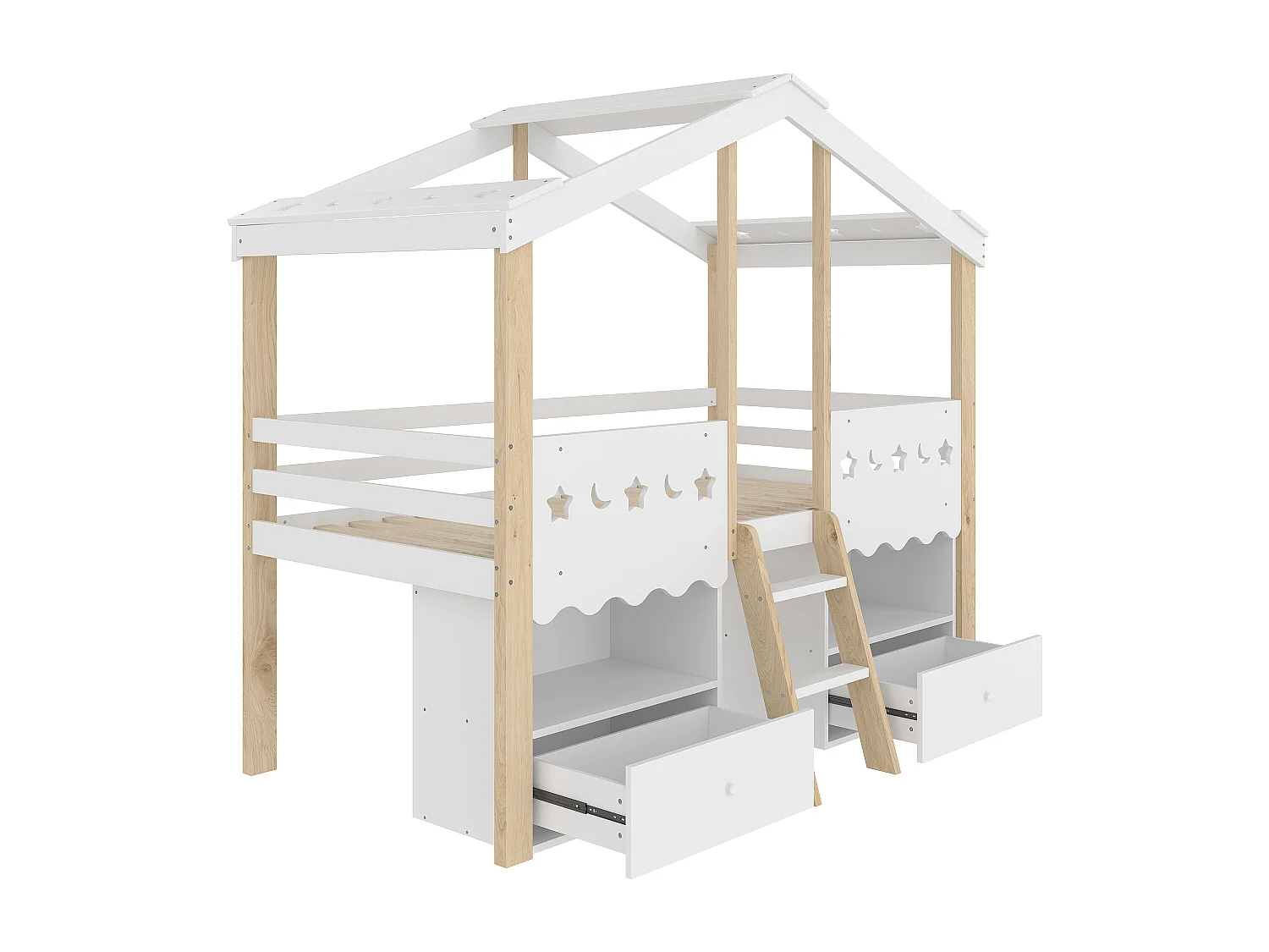 Lit cabane enfant 90x200 cm - forme maison - avec 2 tiroirs - avec bande lumineuse LED - blanc + naturel (matelas non inclus)