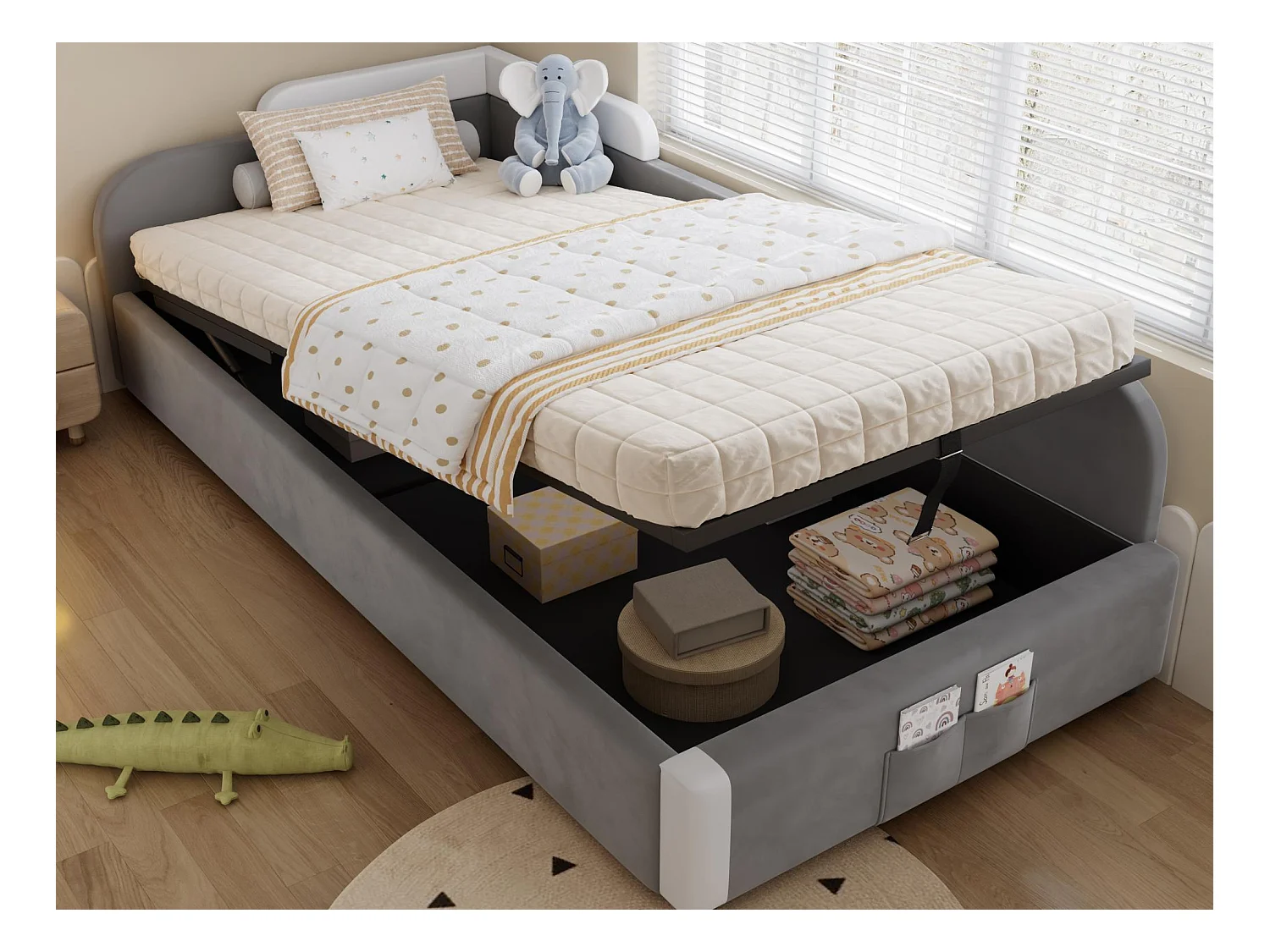 Kinderopbergbed 90×200 cm - met opbergzak - rechter hekwerk - met lattenbodem - fluweel + triplex - Grijs