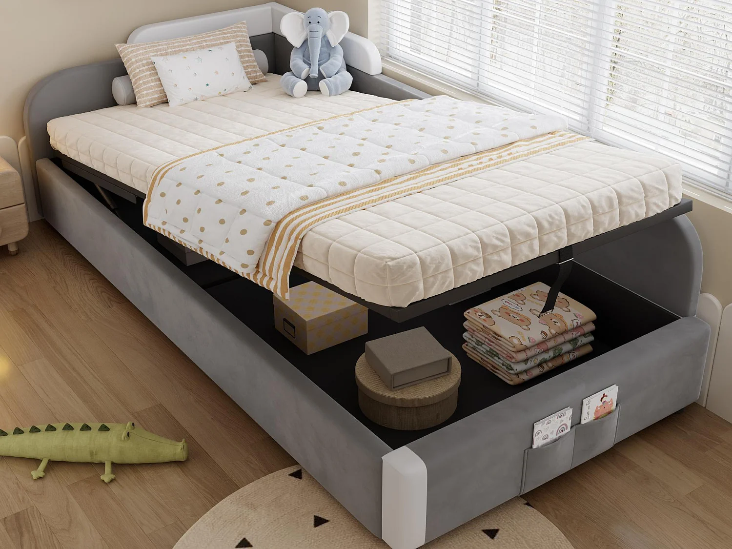 Lit coffre pour enfants 90x200cm - avec sac de rangement - clôture de droite - avec sommier à lattes - velours + contreplaqué - Gris