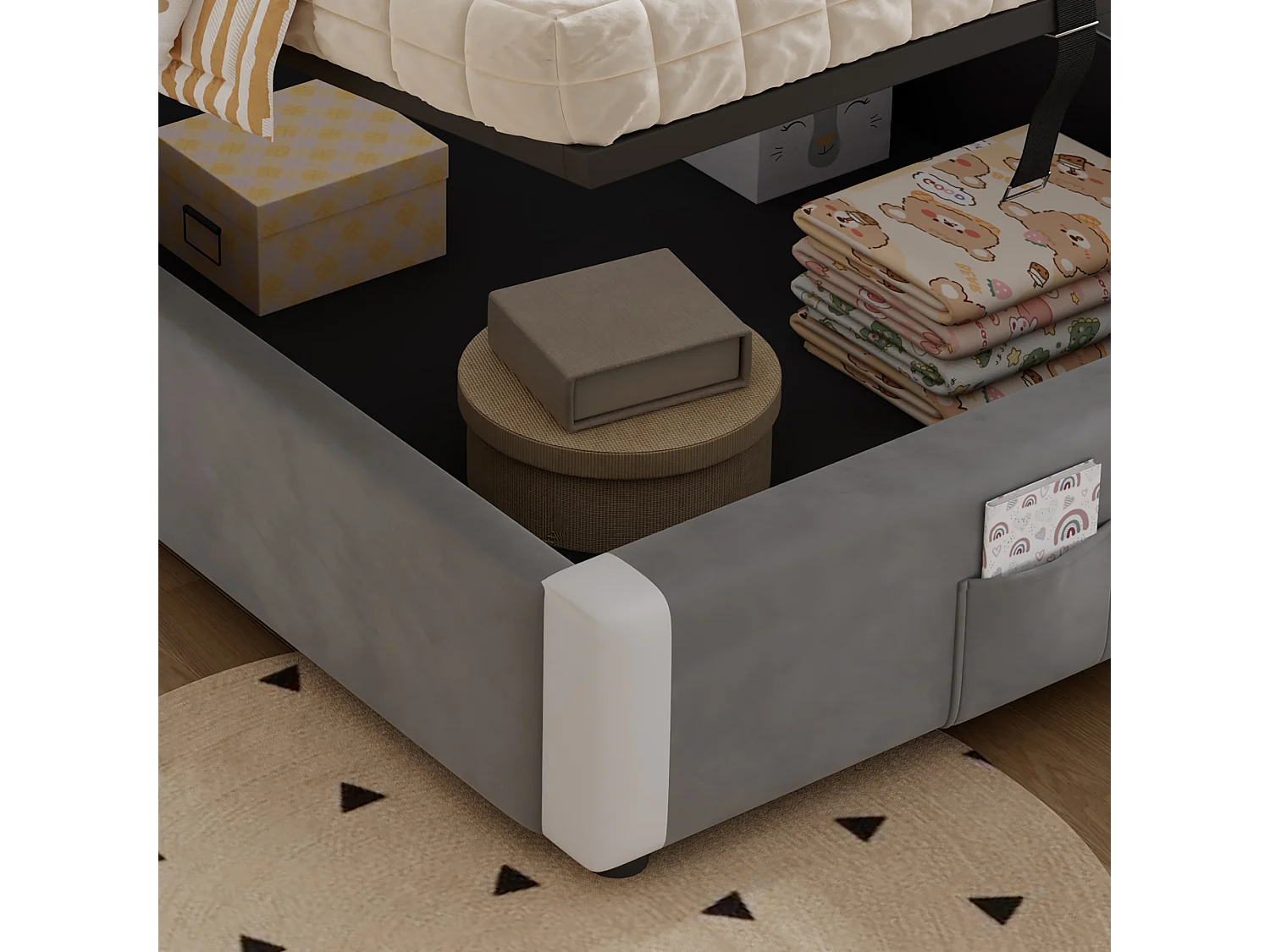 Lit coffre pour enfants 90x200cm - avec sac de rangement - clôture de droite - avec sommier à lattes - velours + contreplaqué - Gris