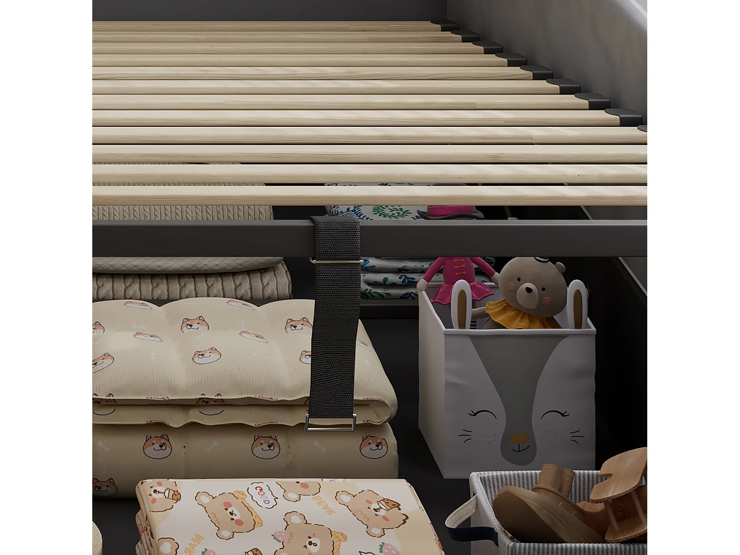 Lit coffre pour enfants 90x200cm - avec sac de rangement - clôture de droite - avec sommier à lattes - velours + contreplaqué - Gris