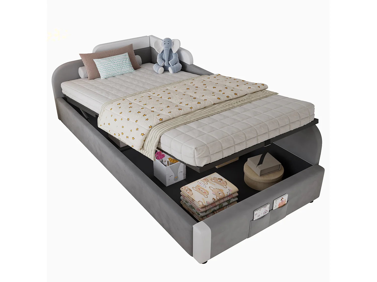 Lit coffre pour enfants 90x200cm - avec sac de rangement - clôture de droite - avec sommier à lattes - velours + contreplaqué - Gris