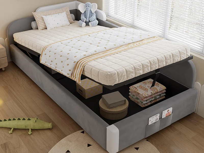 Lit coffre pour enfants 90x200cm - avec sac de rangement - clôture de droite - avec sommier à lattes - velours + contreplaqué - Gris