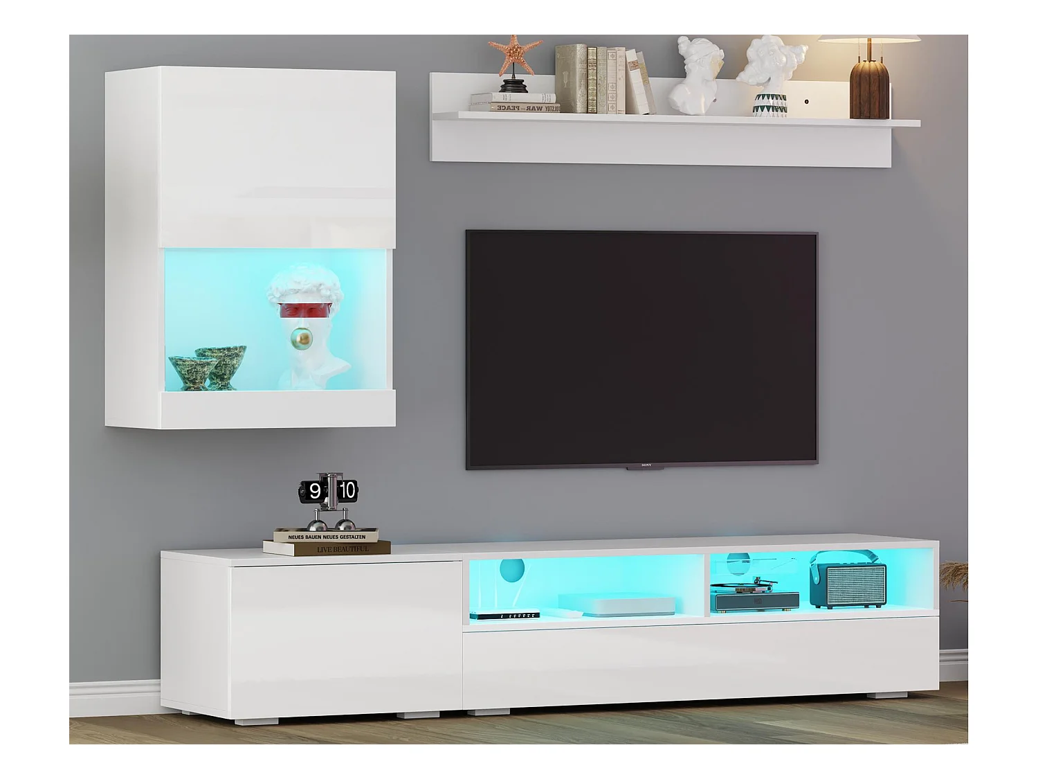Ensemble meuble TV 3 pièces - meuble TV + meuble mural + étagère murale - avec LED et finition haute brillance - blanc