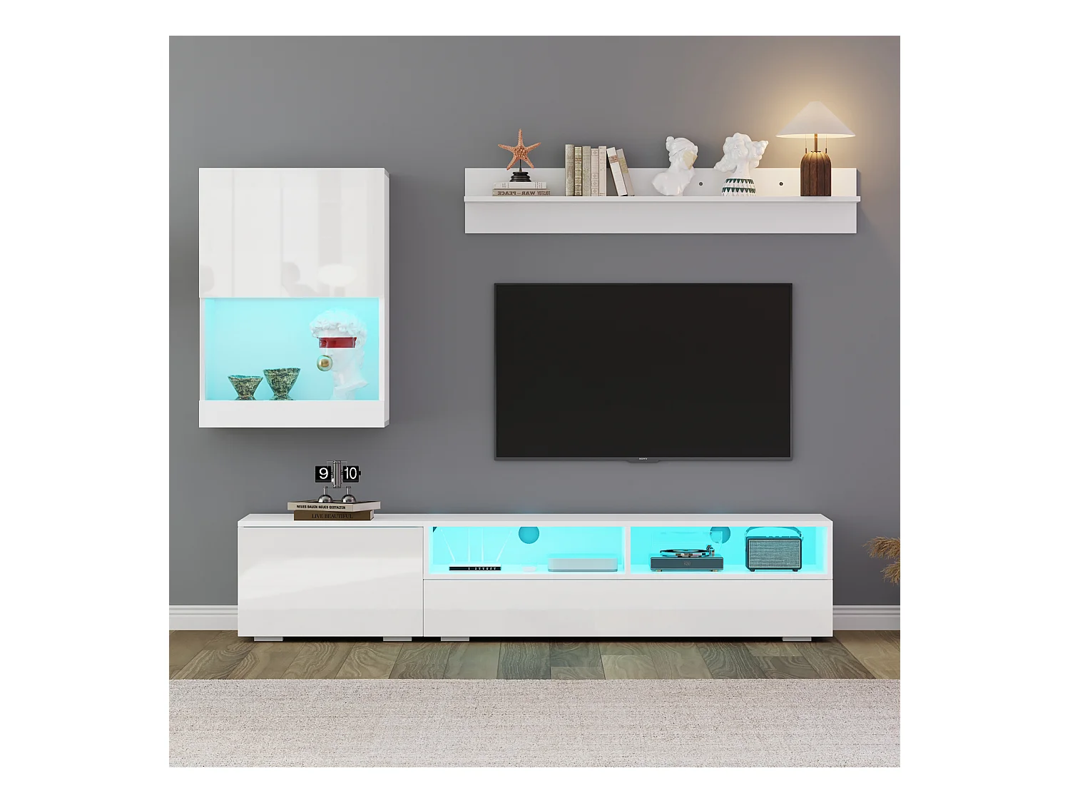 Ensemble meuble TV 3 pièces - meuble TV + meuble mural + étagère murale - avec LED et finition haute brillance - blanc