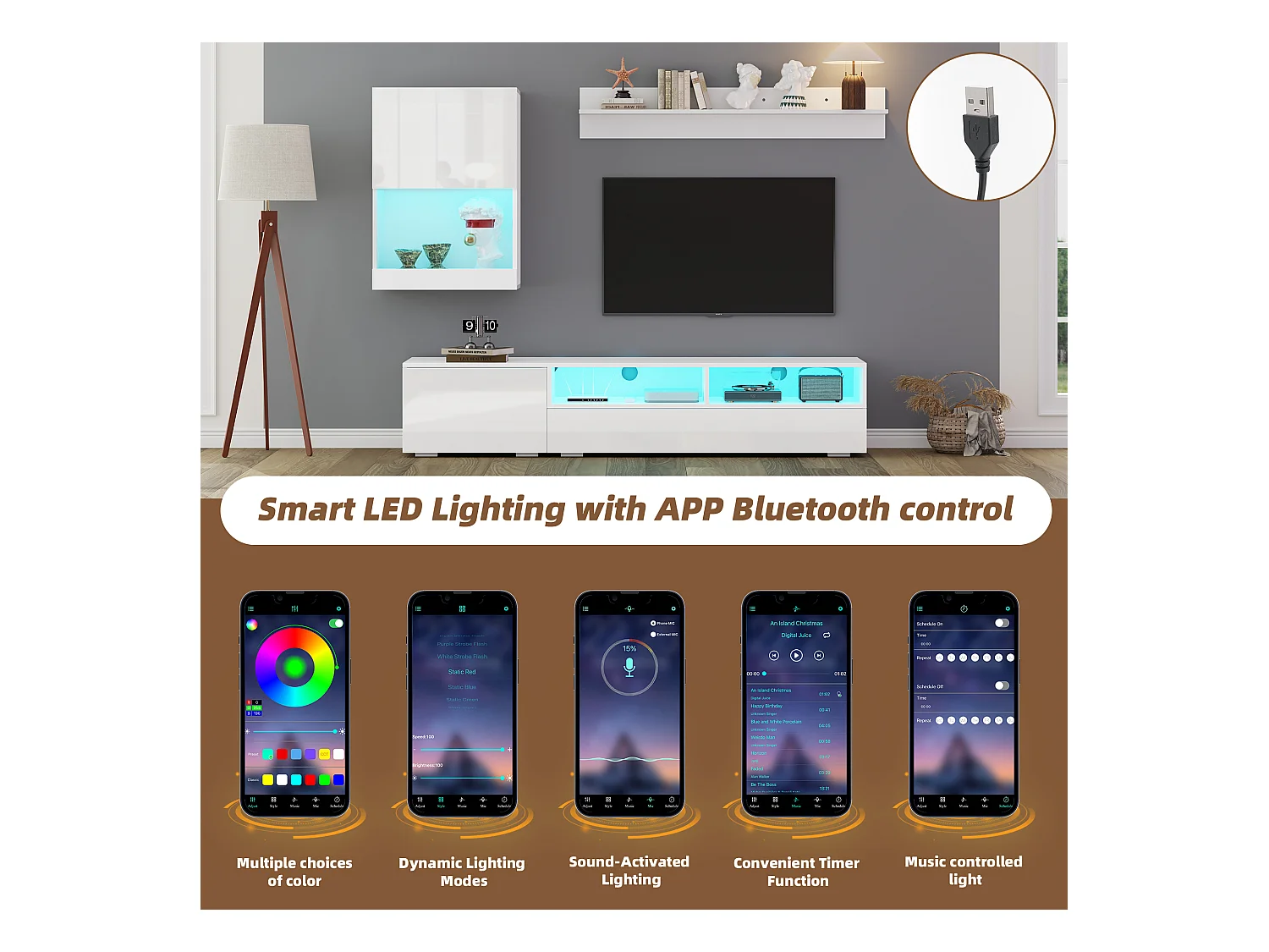 Ensemble meuble TV 3 pièces - meuble TV + meuble mural + étagère murale - avec LED et finition haute brillance - blanc