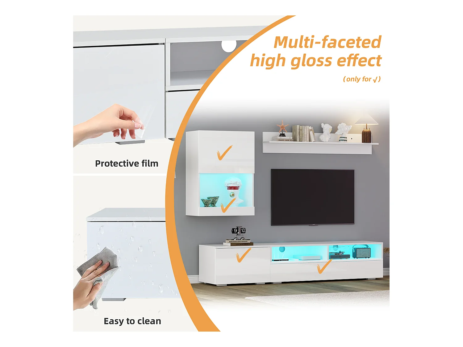 Ensemble meuble TV 3 pièces - meuble TV + meuble mural + étagère murale - avec LED et finition haute brillance - blanc