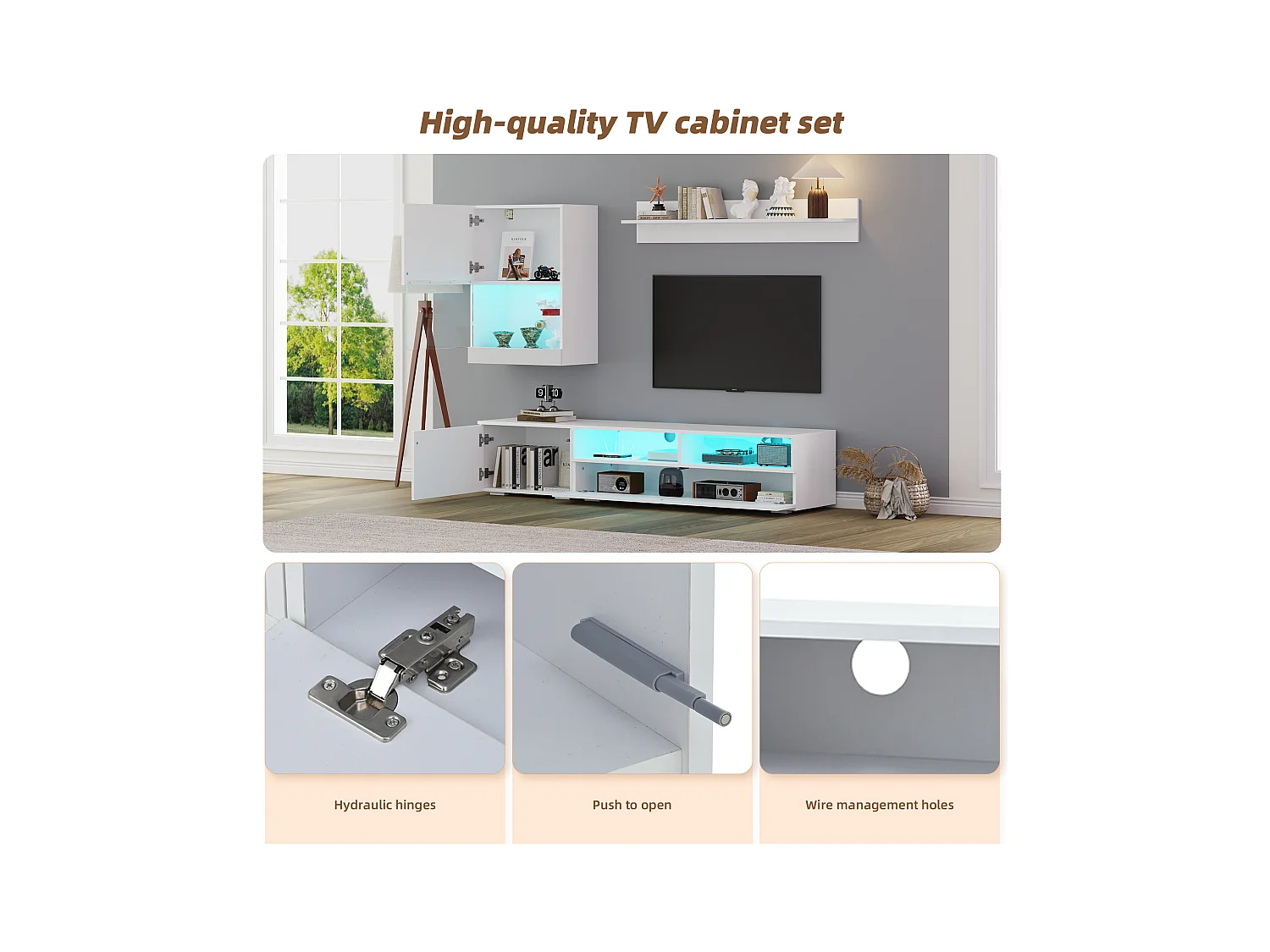 Ensemble meuble TV 3 pièces - meuble TV + meuble mural + étagère murale - avec LED et finition haute brillance - blanc