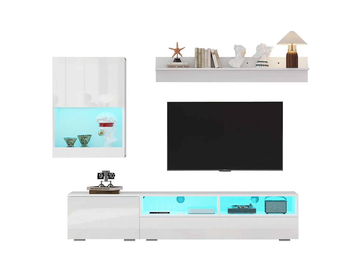 Ensemble meuble TV 3 pièces - meuble TV + meuble mural + étagère murale - avec LED et finition haute brillance - blanc