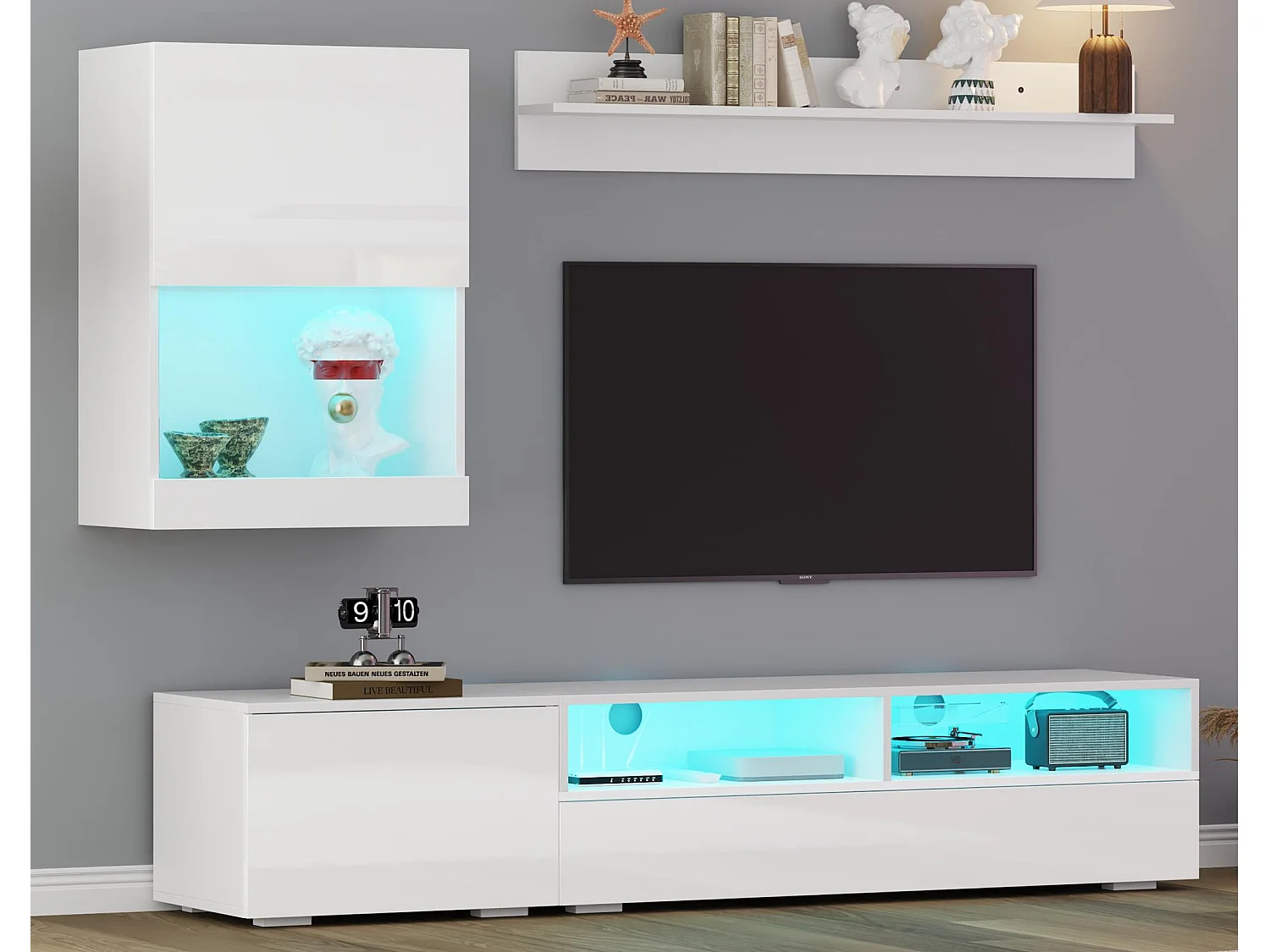 Ensemble meuble TV 3 pièces - meuble TV + meuble mural + étagère murale - avec LED et finition haute brillance - blanc