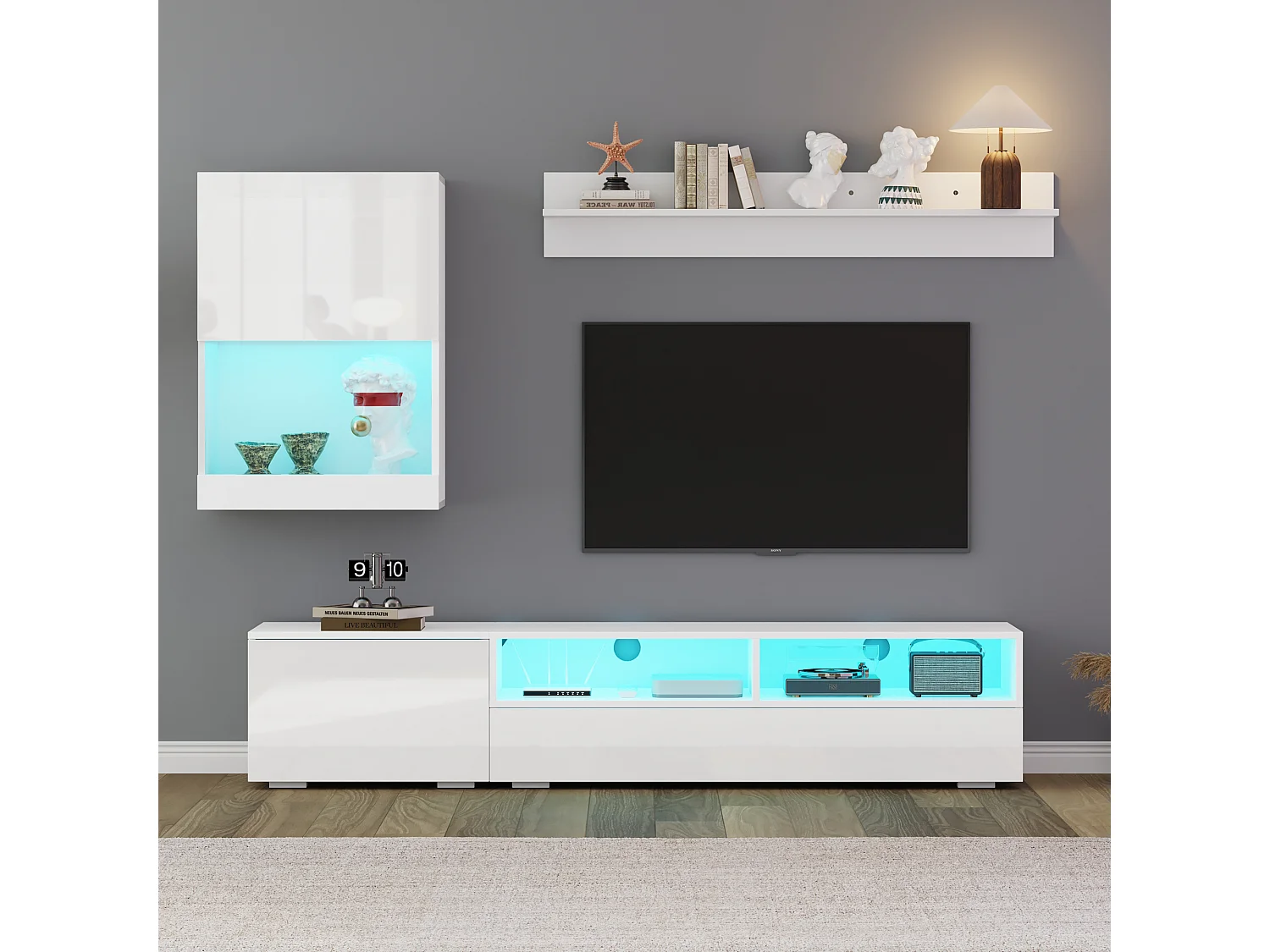 Ensemble meuble TV 3 pièces - meuble TV + meuble mural + étagère murale - avec LED et finition haute brillance - blanc