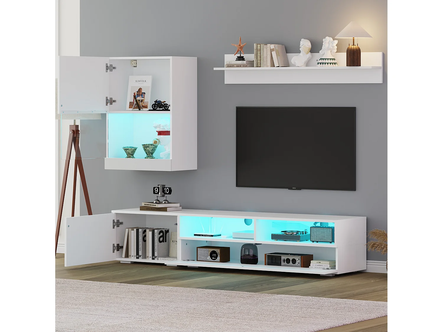 Ensemble meuble TV 3 pièces - meuble TV + meuble mural + étagère murale - avec LED et finition haute brillance - blanc