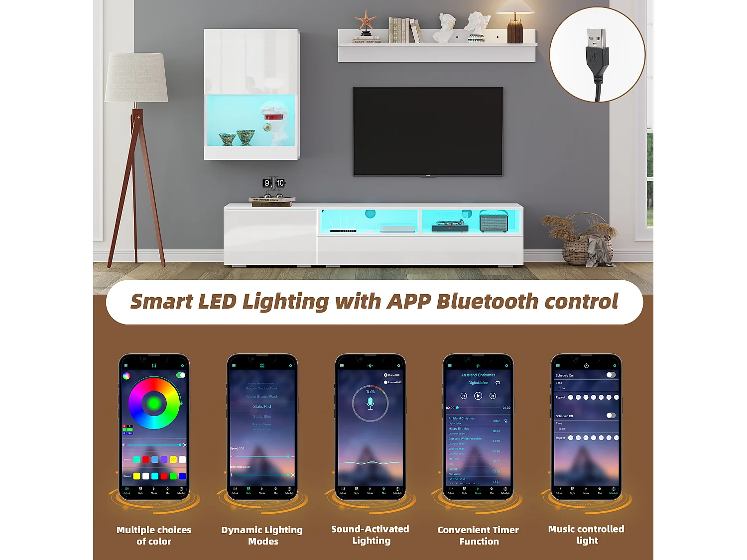 Ensemble meuble TV 3 pièces - meuble TV + meuble mural + étagère murale - avec LED et finition haute brillance - blanc