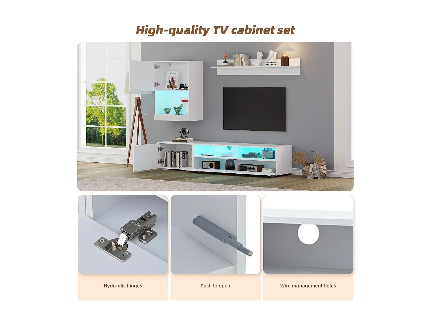 Ensemble meuble TV 3 pièces - meuble TV + meuble mural + étagère murale - avec LED et finition haute brillance - blanc