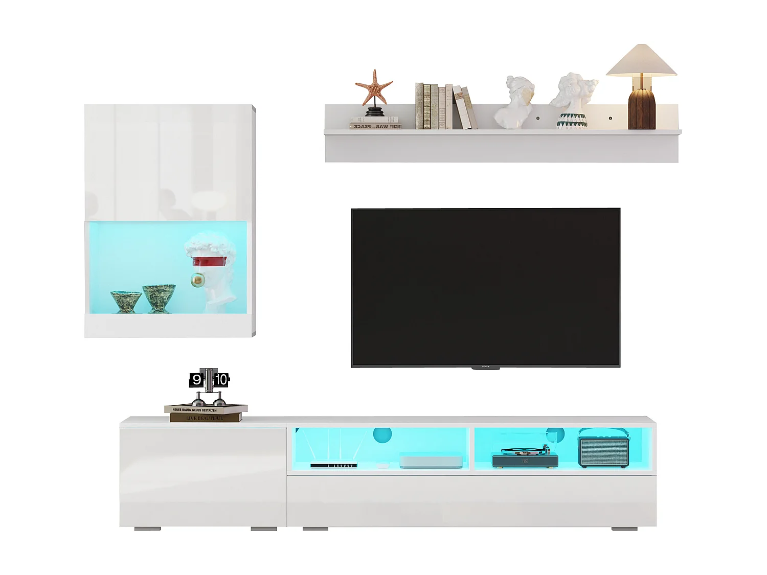Ensemble meuble TV 3 pièces - meuble TV + meuble mural + étagère murale - avec LED et finition haute brillance - blanc