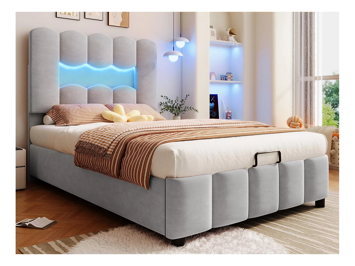 Lit coffre capitonné 90 x 200 cm - avec éclairage LED - tête de lit réglable - velours - gris (matelas non inclus)