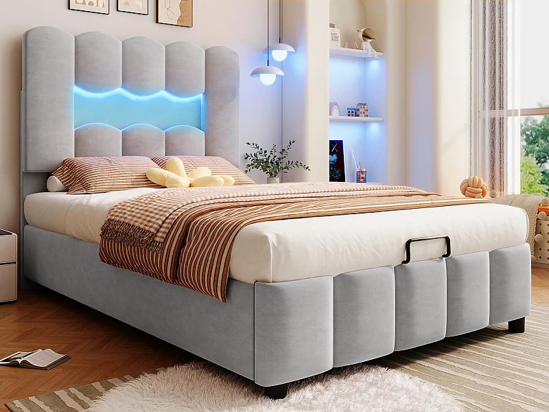 Gestoffeerd opbergbed 90×200 cm - met LED-verlichting - verstelbaar hoofdeinde - fluweel - grijs (matras niet inbegrepen
