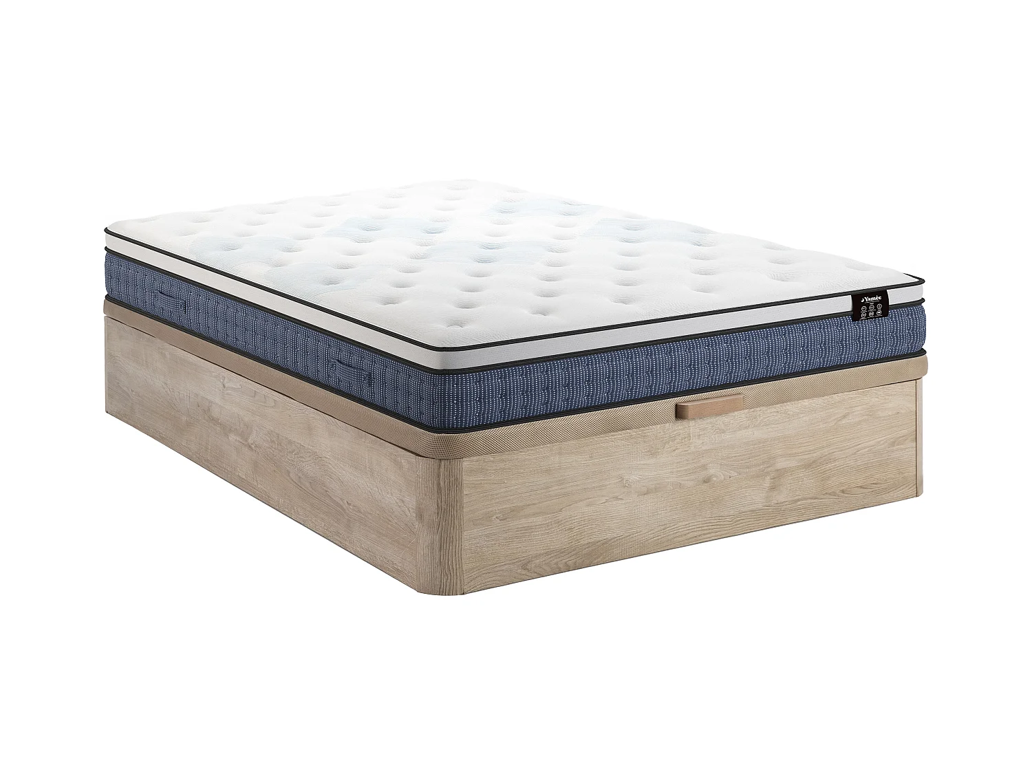 Sæt 160 x 200 cm lyse naturlige opbevaringsboks + madras med 7-zone pocketfjedre og memory gel-top, tykkelse 23 cm - VARNO fra YSMÉE