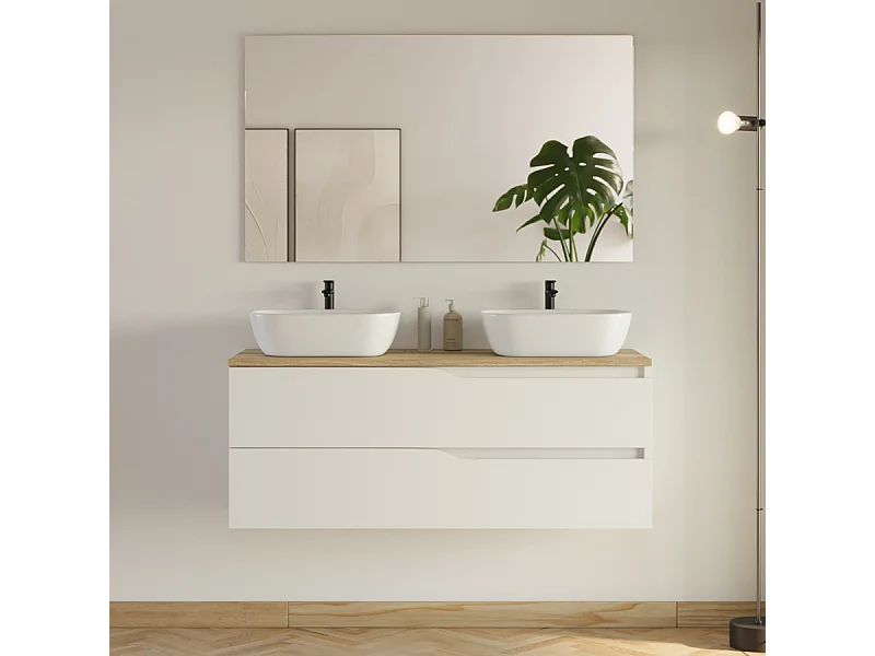 Meuble de salle de bain 120cm avec plateau miel et 2 vasques à poser Zeus - 2 tiroirs - blanc - LUNA