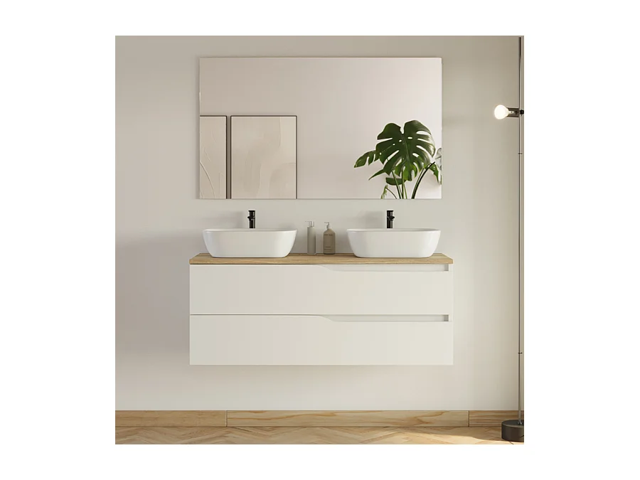 Meuble de salle de bain 120cm avec plateau miel et 2 vasques à poser Zeus - 2 tiroirs - blanc - LUNA