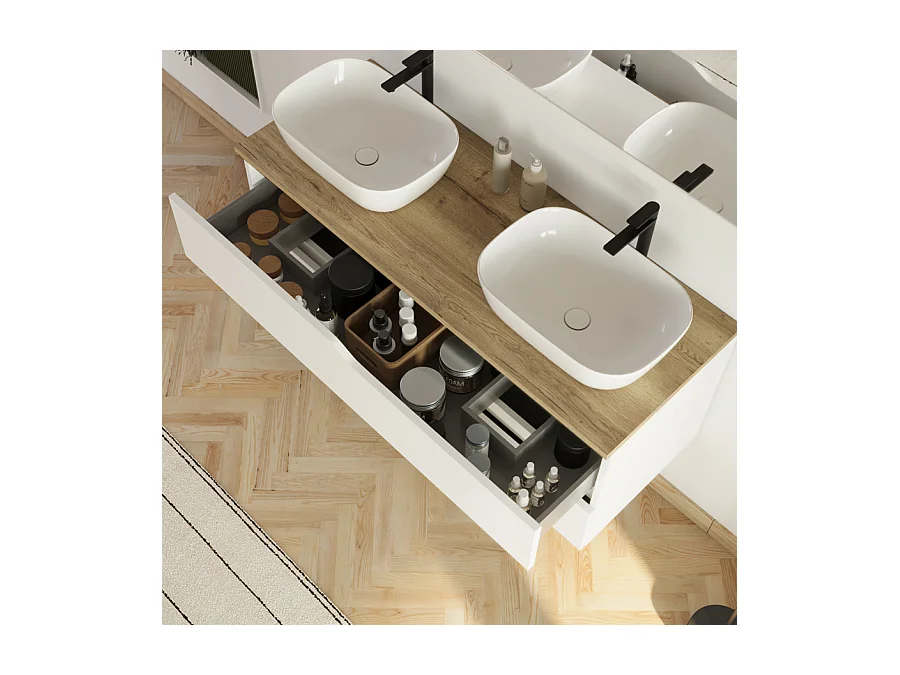 Meuble de salle de bain 120cm avec plateau miel et 2 vasques à poser Zeus - 2 tiroirs - blanc - LUNA
