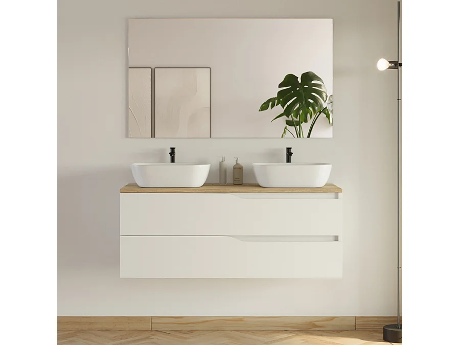 Meuble de salle de bain 120cm avec plateau miel et 2 vasques à poser Zeus - 2 tiroirs - blanc - LUNA