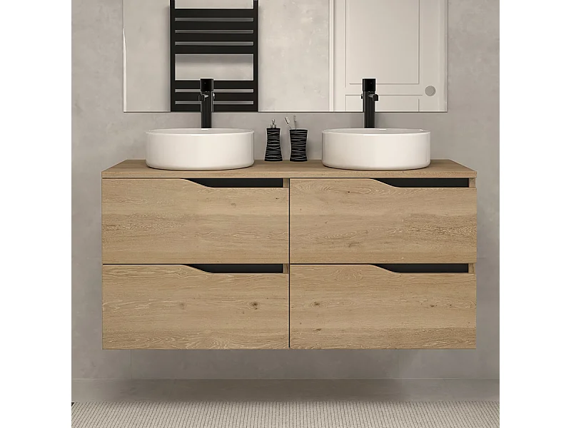 Meuble de salle de bain 120 avec plateau et 2 vasques à poser - sans miroir - 4 tiroirs - madera miel (bois clair) - LUNA