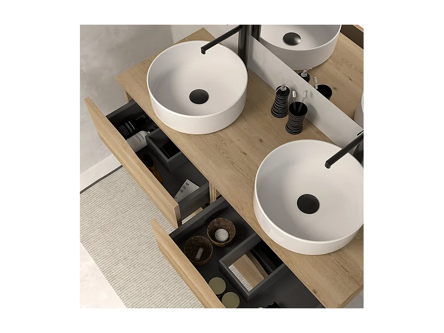 Meuble de salle de bain 120 avec plateau et 2 vasques à poser - sans miroir - 4 tiroirs - madera miel (bois clair) - LUNA