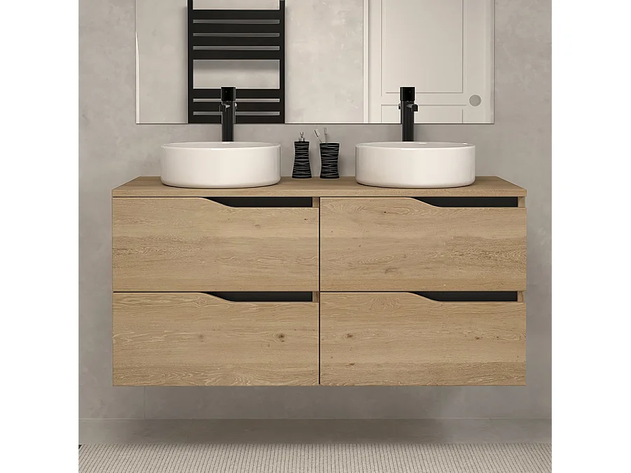 Meuble de salle de bain 120 avec plateau et 2 vasques à poser - sans miroir - 4 tiroirs - madera miel (bois clair) - LUNA
