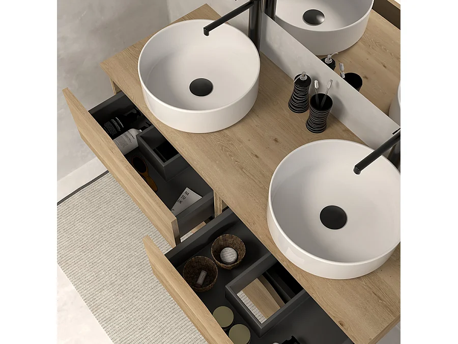 Meuble de salle de bain 120 avec plateau et 2 vasques à poser - sans miroir - 4 tiroirs - madera miel (bois clair) - LUNA
