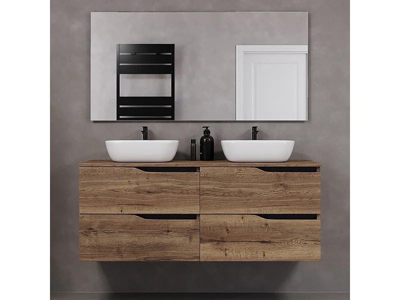 Meuble de salle de bain 140cm avec plateau et deux vasques à poser zeus - 4 tiroirs - tabaco (chêne foncé) - LUNA