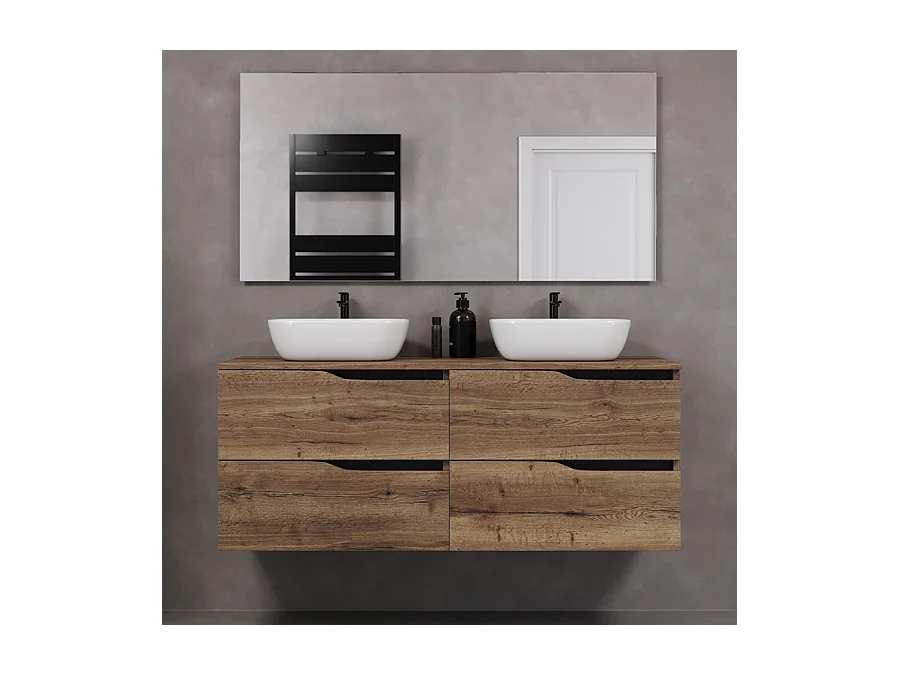 Meuble de salle de bain 140cm avec plateau et deux vasques à poser zeus - 4 tiroirs - tabaco (chêne foncé) - LUNA