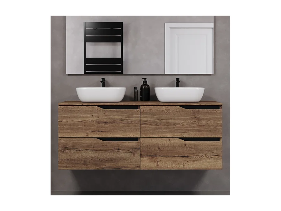 Meuble de salle de bain 140cm avec plateau et deux vasques à poser zeus - 4 tiroirs - tabaco (chêne foncé) - LUNA
