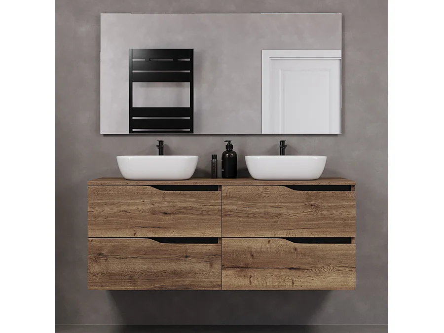 Meuble de salle de bain 140cm avec plateau et deux vasques à poser zeus - 4 tiroirs - tabaco (chêne foncé) - LUNA