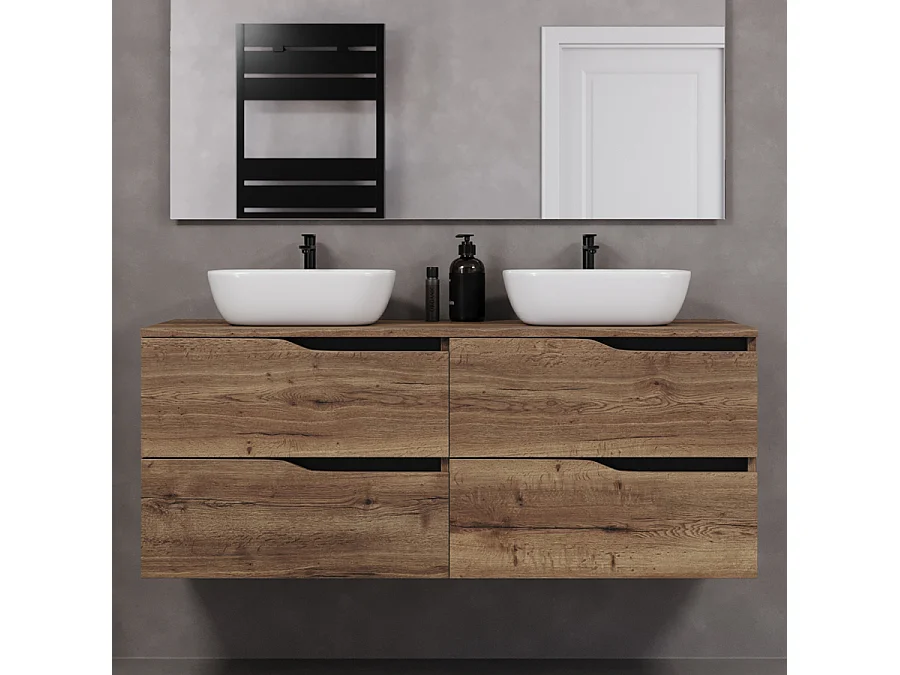 Meuble de salle de bain 140cm avec plateau et deux vasques à poser zeus - 4 tiroirs - tabaco (chêne foncé) - LUNA