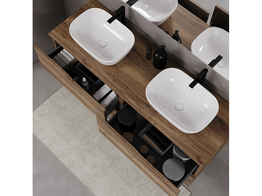 Meuble de salle de bain 140cm avec plateau et deux vasques à poser zeus - 4 tiroirs - tabaco (chêne foncé) - LUNA
