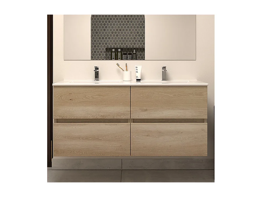 Meuble de salle de bain 120cm double vasque - sans miroir - 4 tiroirs - nebraska (bois clair) - IDA