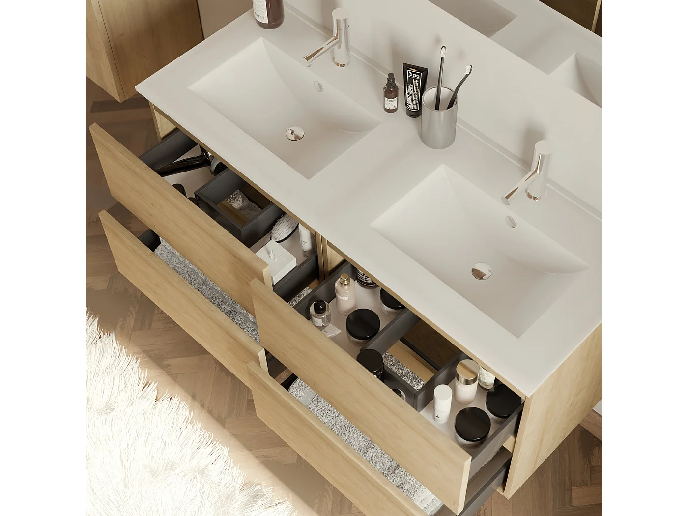 Meuble de salle de bain 120cm double vasque - sans miroir - 4 tiroirs - nebraska (bois clair) - IDA
