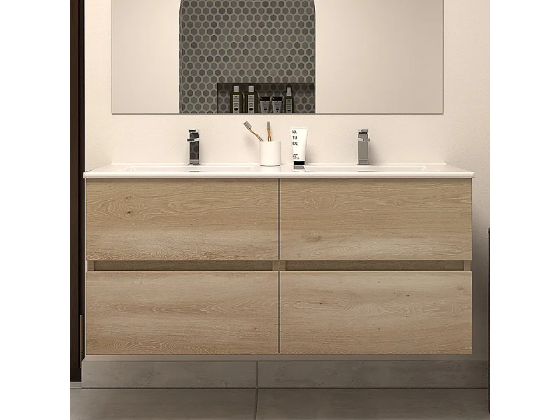 Meuble de salle de bain 120cm double vasque - sans miroir - 4 tiroirs - nebraska (bois clair) - IDA